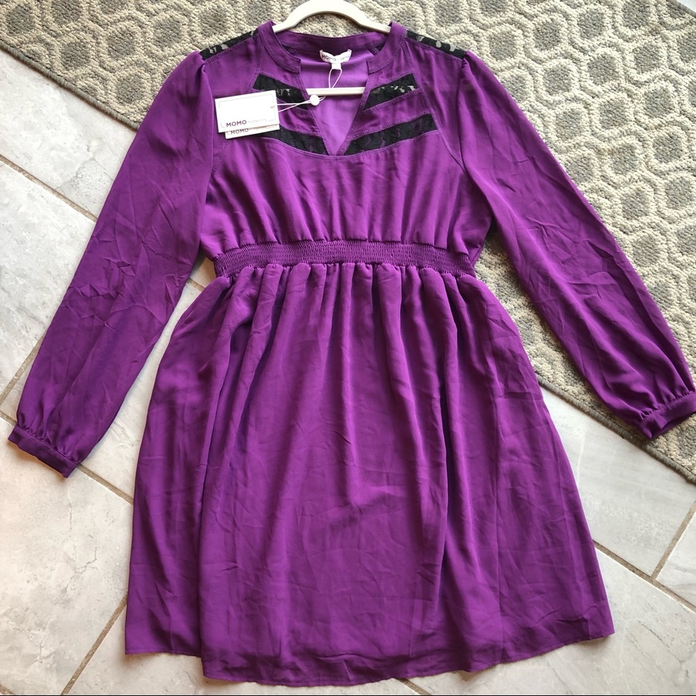 MoMo Maternity Long Sleeve Lace Details Purple Maternity Dress Size Large